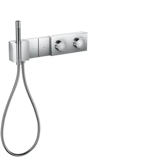 Thermostatmodul von AXOR in glänzendem Chrom mit zwei Drehreglern und Handbrause, montiert auf einer geraden Wand.